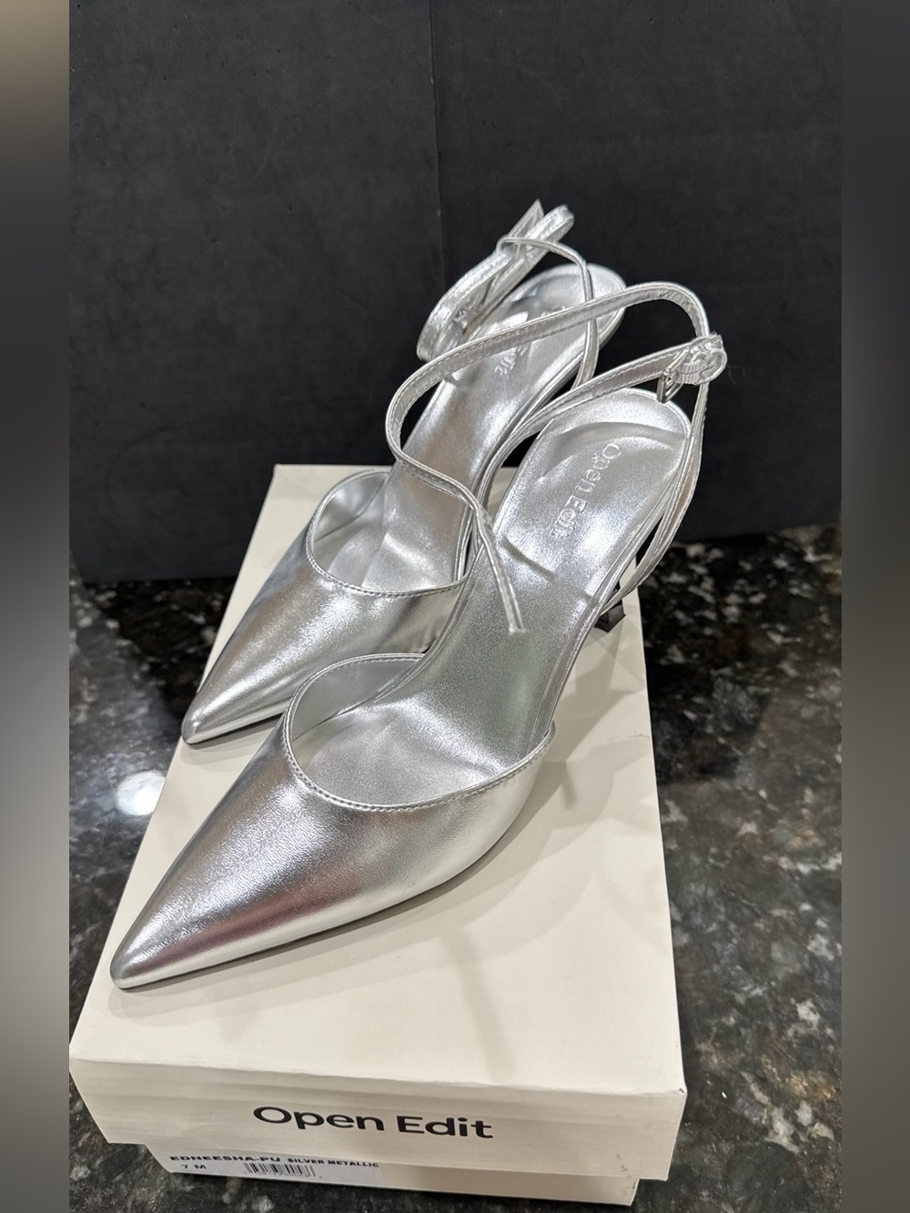 Open Edit Silver Pointed-Toe Slingback Heels with Cross-Strap Detail